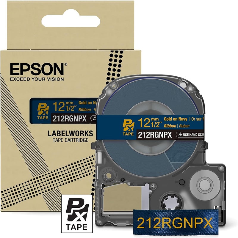 LABELWORKS Epson 212RGNPX Genuine PET (Polyester) Tape Cartridge - Gold on Navy Ribbon Designer Craft Label Maker Tape - 1/2" (12MM) Wide, 16' - Image 1